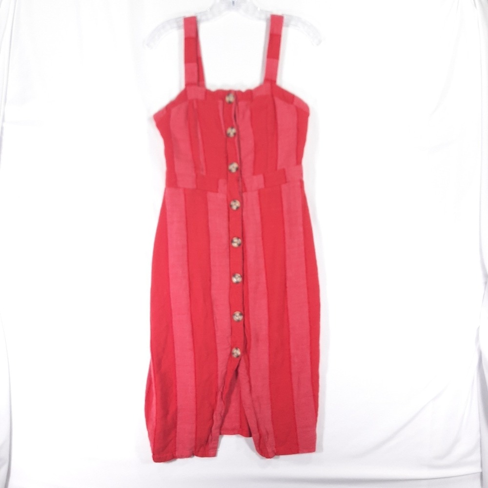 Urban Romantics Red Pink Striped Midi Dress Sleeveless Sundress Tortoise Buttons